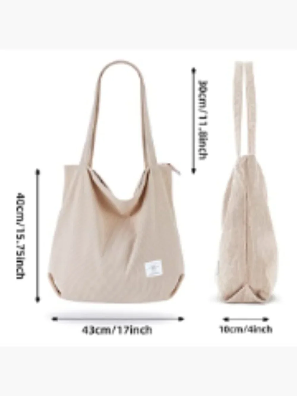 Corduroy Tote Bag Zipper Casual Handbag Big Capacity Shoulder Bag with Pockets